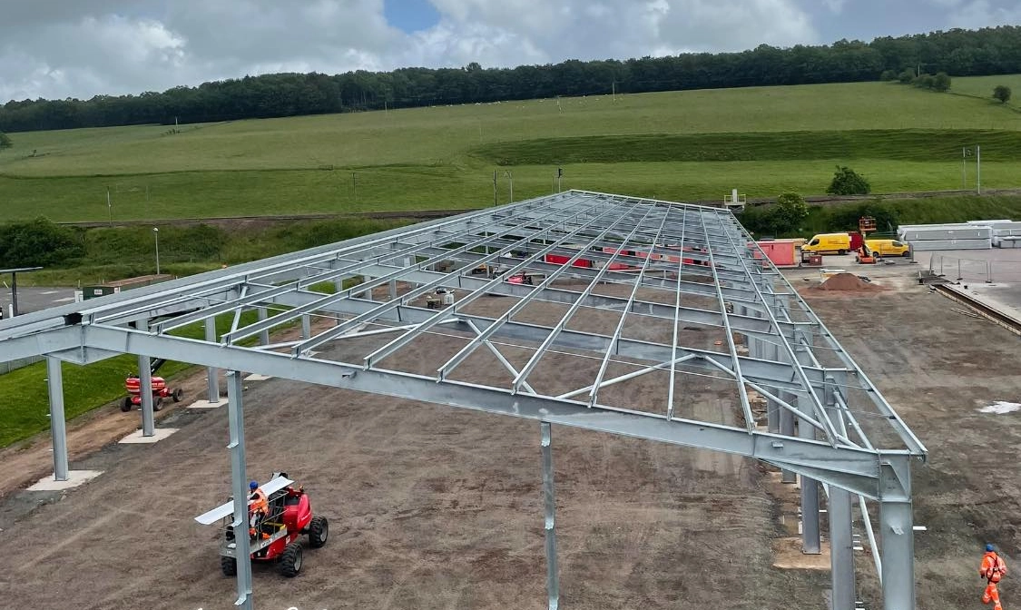 Wide shot of a large scale steel construction project